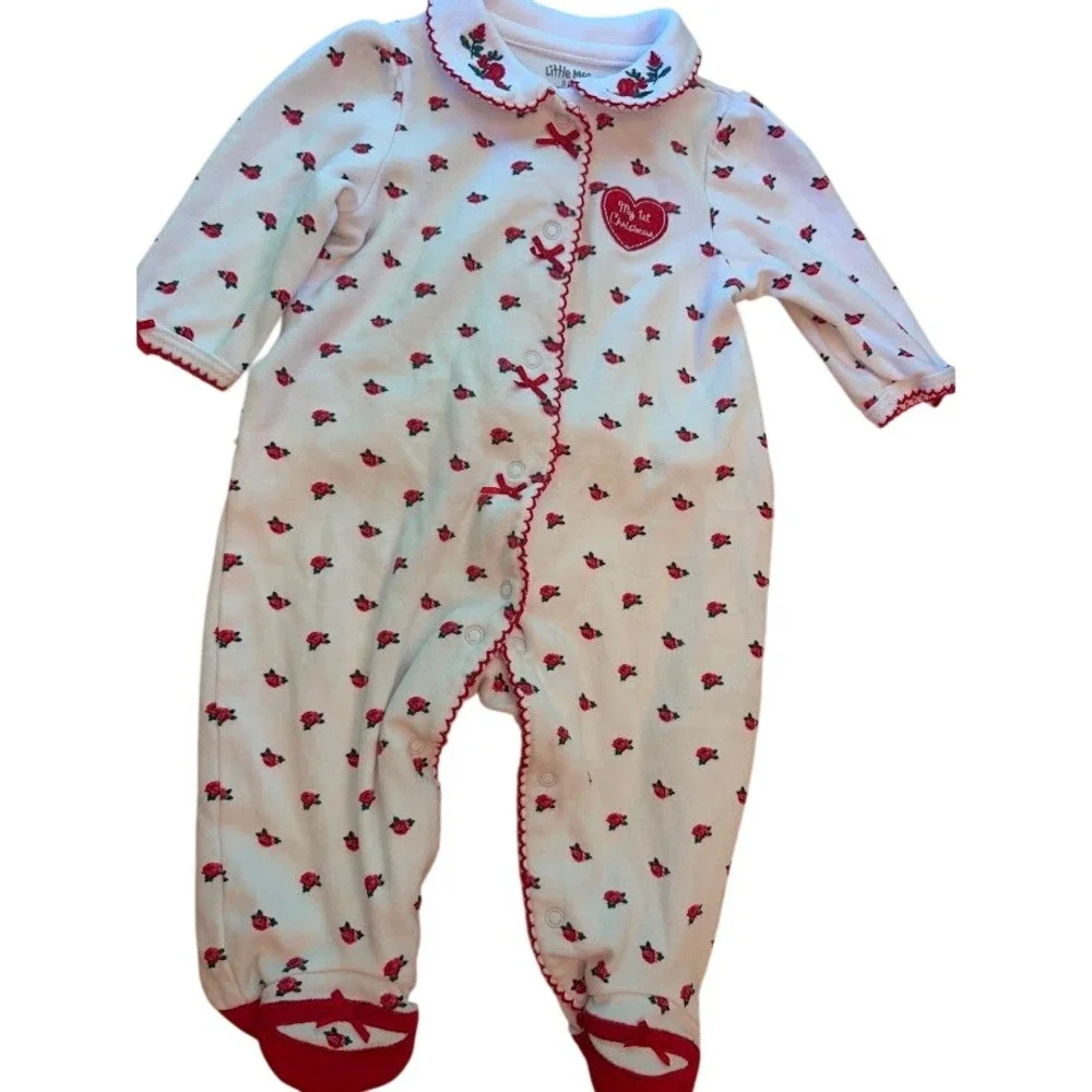 Little Me Baby Girls My 1st Christmas Rose Floral Footed Sleeper White Red 3M